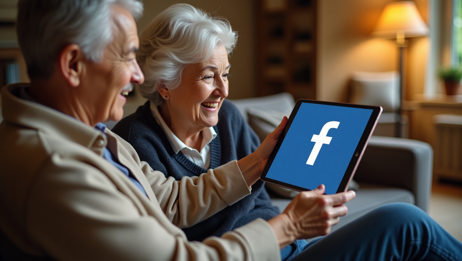 Smiling senior couple using Facebook on a tablet at home, representing social media marketing for senior care agencies.