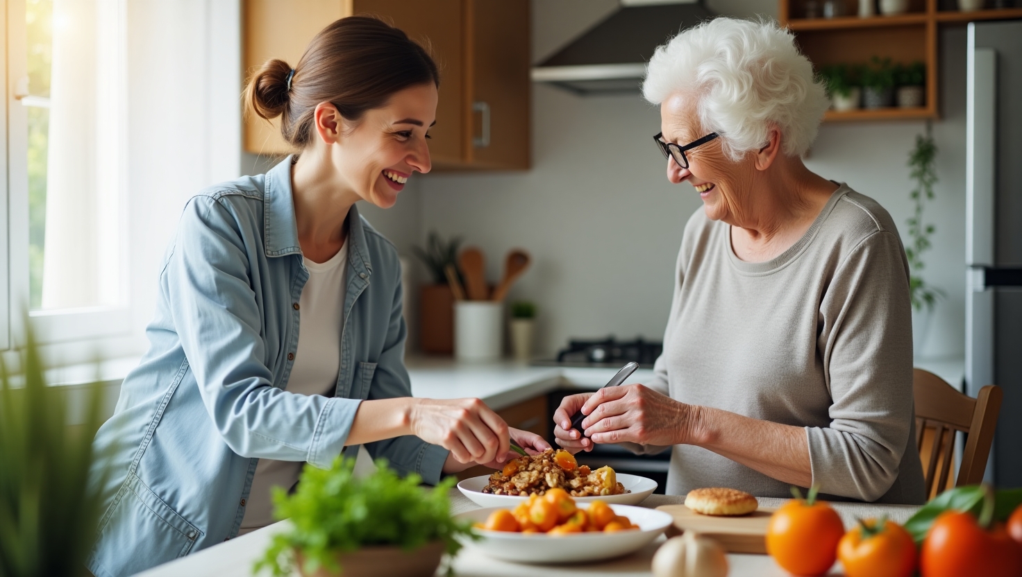 A caregiver and an elderly woman smiling together while preparing a meal in a bright kitchen, showcasing authentic home care moments.