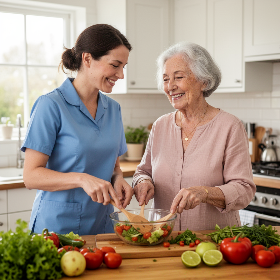 A caregiver and an elderly woman smiling together while preparing a meal in a bright kitchen, showcasing authentic home care moments.